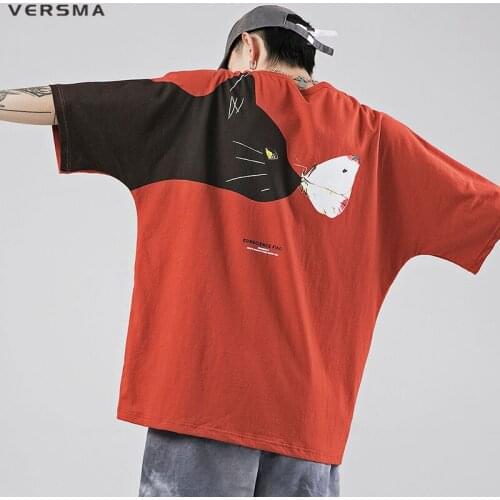 VERSMA Korean Harajuku Cartoon Cat Butterfly Print Men T-shirts Summer Japanese Streetwear Oversize Rock Unisex Tshirt Men Women