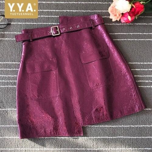 Designer Women Glossy High Waist Irregular Short Skirts Streetwear Sashes A-Line Real Leather Mini Skirt Fashion Office Skirt
