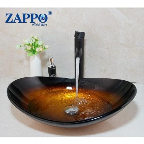 ZAPPO Yellow Brown Bathroom Tempered Glass Oval Wash Basin Sink Black Faucet Sink Combo Set Chrome Pop Up Sink Drain Faucet Set