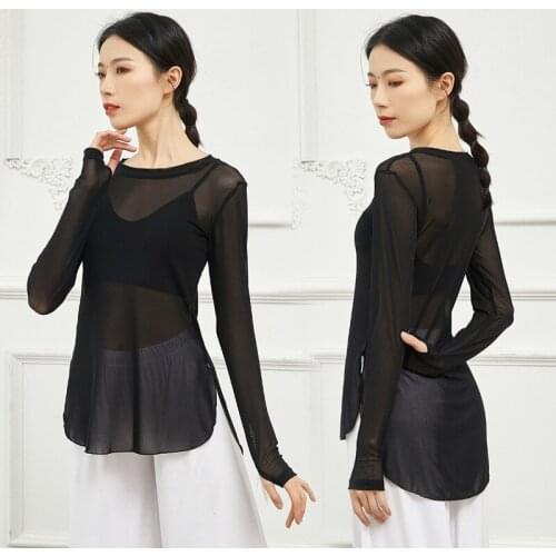 Adult Women Summer Mesh Oriental Latin Yoga Top Transparent Blouse Shirt Costume Women Dancing Clothes Dancer Wear Clothing