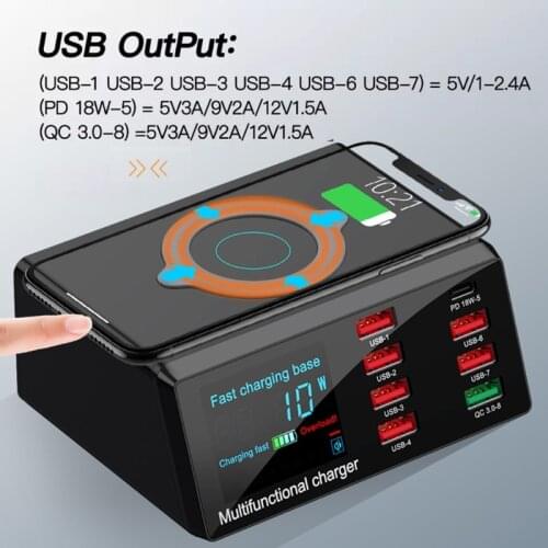 100W Wireless USB Charging Dock PD QC3.0 Fast Charger Station Smart LED Display 8 Ports