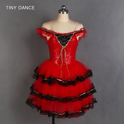 3 Tiered Romantic Ballet Tutu for Girls and Women Off-the-shoulder Red Spanish Dress Sequin Bodice Ballerina Tutu Costumes 20527