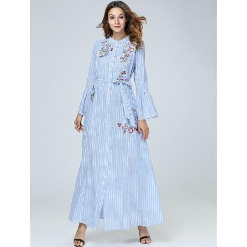 Elegant Embroidery Islamic Clothing Long Dress Swing Maxi Abaya Full Dress Plus Kimono Loose Robe Gowns Muslim Middle East