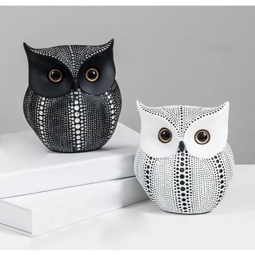 Nordic Style Lovely Black/White Bird Owl Resin Model Figurine Ornament Office Desktop Decoration Creative Home Resin Crafts