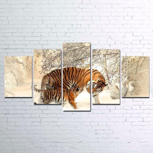 HD Printed 5 Piece Canvas Art Black Tiger Snow Tree Painting Wall Pictures for Living Room Wall Art Unframed