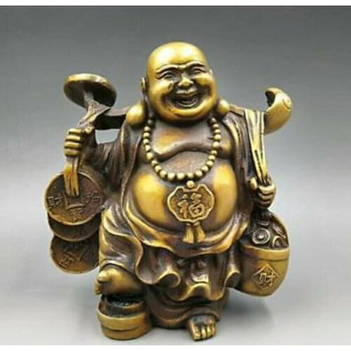 Chinese Copper Fengshui Yuanbao Wealth Happy Laugh Maitreya Buddha Statue