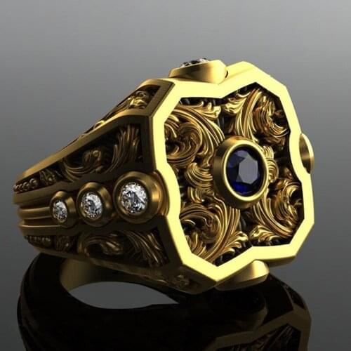 Hot Selling Jewelry Personality Domineering Male Ring Punk Hiphop Golden Square Blue Crystal Ring