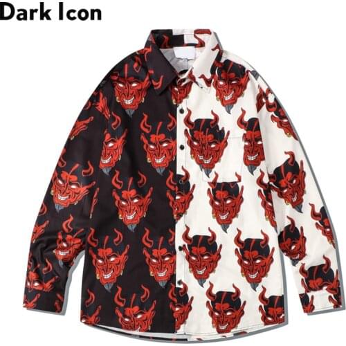 Dark Icon Devil Black White Color Contrast Mens Shirt Long Sleeve Turn-down Collar Shirts for Man