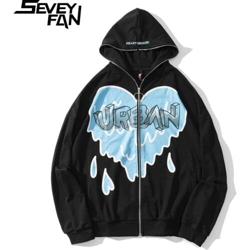 SEVEYFAN Mens Hip Hop Love Pattern Printed Hoodies Black Oversize Cardigan Zippers Sweatshirts for Couples