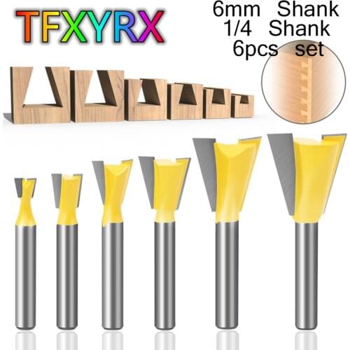 6pcs 6mm 1/4inch Shank Dovetail Router Bit Set 14 Degree Jointing Milling Cutters Woodworking Engraving Tools for Wood