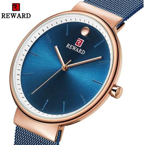 REWARD 2020 Fashion Blue Golden Mens Quartz Watch Stainless Steel Waterproof Mesh Band Wrist Watch Casual Business Sports Clock