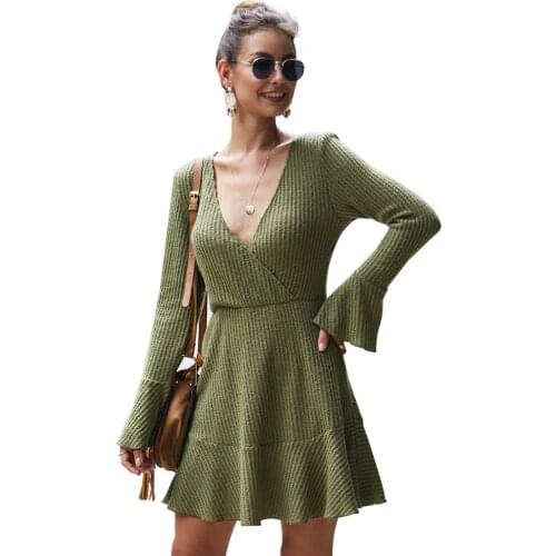 Originally Designed Autumn Winter V-neck Sexy Knitted Dress Women 2020 Spring Long Sleeve Dresses Womens