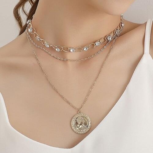 Fashion Crystal Figure Beauty Face Round Pendant Necklaces for Women Vintage Multilayer Geometric Chains Necklace Party Jewelry