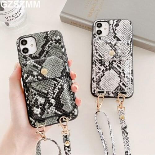 Luxury Snake Skin Texture Phone Cases for Iphone 11 11 Pro Xs Max 7 8 Plus Xr X SE 2 Case Stand Card Pocket Long Strap Cover Bag