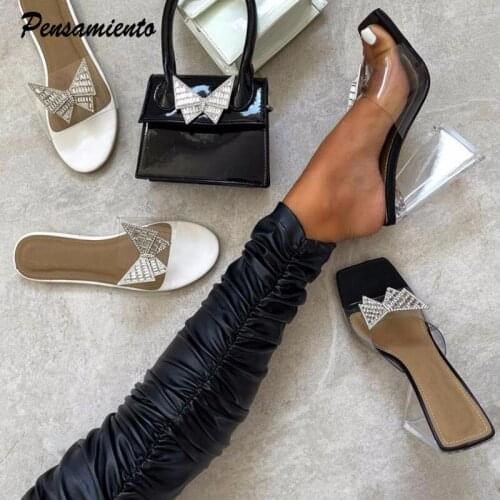 Luxury Rhinestones Butterfly Women Slippers Fashion Clear heeled Female Mules Slides Summer High heels PVC Jelly Sandals Shoes
