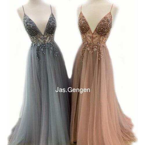 Handmade Beaded Sexy Prom Dresses 2020 Long Spaghetti Strap Sheer Illusion Backless Formal Evening Gowns Party Vestido De Festa