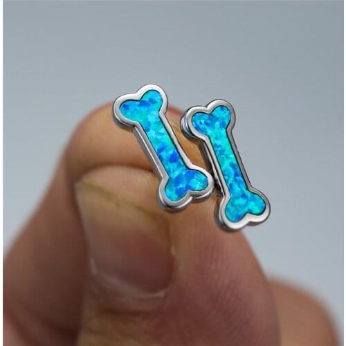 Boho White Blue Fire Opal Earrings Cute Female Creative Bone Shape Stud Earrings Fashion Silver Color Wedding Earrings For Women