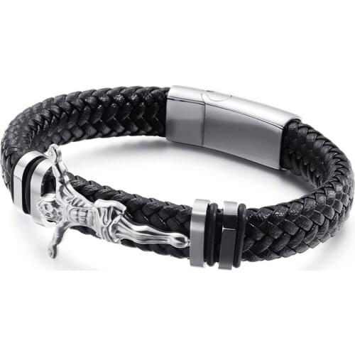 Vintage Jewelry Mens Jesus Leather Bracelet Titanium Steel Leather Religious Bracelet