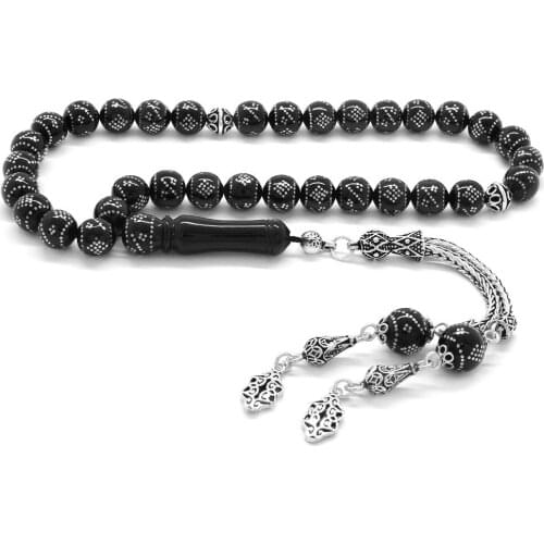 Tesbihane 925 Sterling Silver Tassels Dense Silver Embroidered Erzurum Oltu stone Rosary