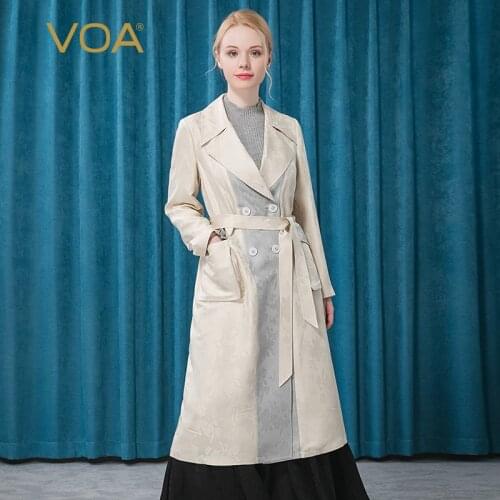 VOA Heavy Silk 38m/m Jacquard Lapel Square Pocket Strap Double-breasted OL Windbreaker FE59 Trench Coat for Women