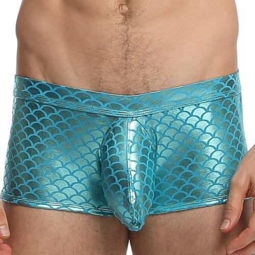 Pinkysenson Men Underwear Boxers Fish skin Style Leather Shorts Open Back Men U Convex Sexy Male Underpants