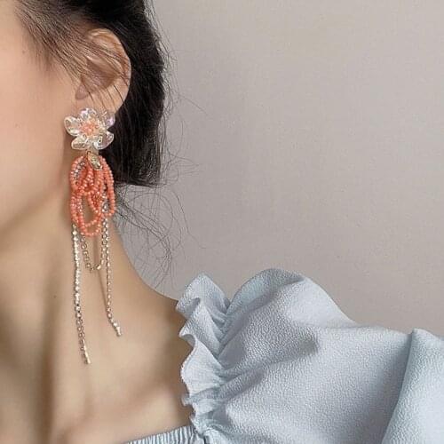 VSnow Korean Fashion Green Pink Flower Dangle Earring for Women Girls Exquisite Rhinestone Beaded Long Tassel Earrings Jewellery