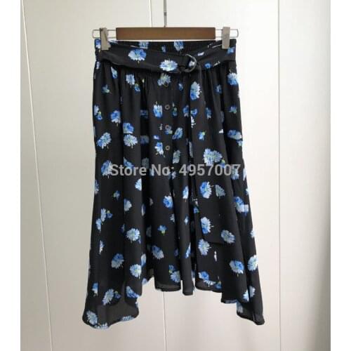 ElfStyle Top Version Silk Viscose Women Black With Blue Daisy Print Short Asymmetric Skirt - ElfStyle Features Buttoned Skirt