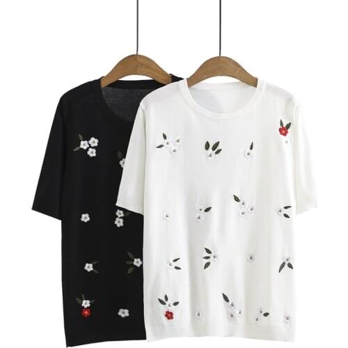 Womens Clothing T-Shirts Plus Size Summer New 2021 Show Thin Loose Tees Ice Silk Knitting Embroidery Tops With Short Sleeves