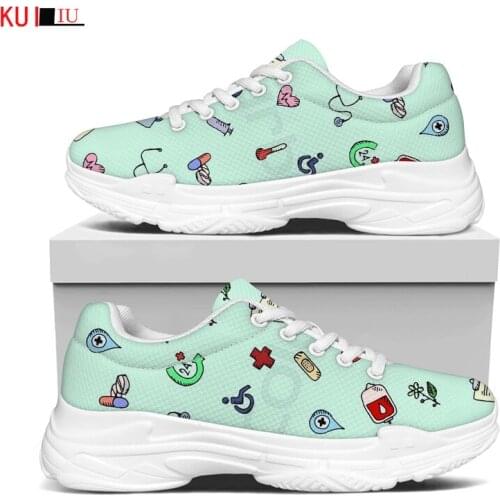 KUILIU Funny Medical Icons Nurse Womens Shoes Lace Up Ladies Nursing Platform Sneakers Increasing Casual Comfort Flat Mesh Shoe
