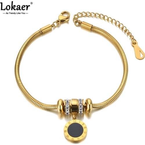 Lokaer Trendy Stainless Steel Cubic Zirconia Charm Bracelets For Women Girls Bohemia Roman Numeral Chain Link Bracelet B21067