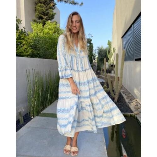 Summer Long Dress 2021 Women Ruffle V Neck Striped Print Bohemain Beach Party Dresses Fashion Flare Long Sleeve Dress Vestidos