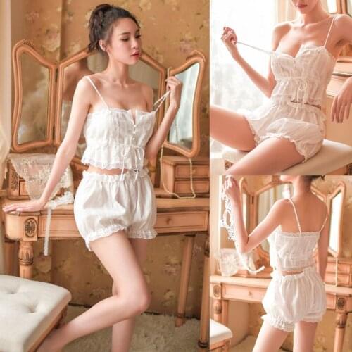 Womens Victoria French Palace Sexy Lingerie Pajamas Set Button Up Drawstring Crop Top Camisole Ruffled Lace Bloomers Sleepwear