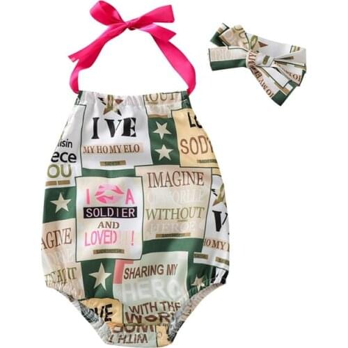 2Pcs Toddler Summer Outfit Letter Print Lace-Up Halter Neck Backless Romper + Hairband for Baby Girls 3-24 Months