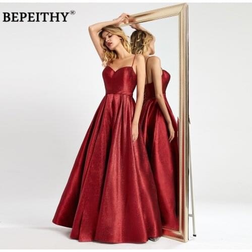 BEPEITHY Spaghetti Straps Red Glitter Long Evening Dress Party Elegant Sexy High Slit A Line Prom Gown Plus Size Custom Made
