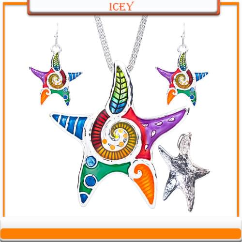 1set NEW Starfish Necklace Earrings Set Alloy Unique Starfish Design Gift Animal Pendant Jewelry Sets Rainbow Charm Accessories