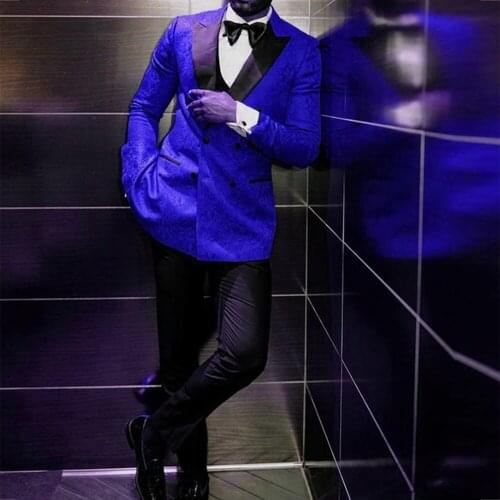 Black Peaked Lapel Blue Printed Men Suits For Wedding Groom Wear 2 Pieces Slim Fit Formal Party Business Blazers Tuxodes 2022