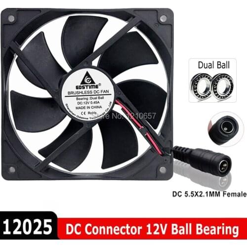 Gdstime 120mm 12V Female DC Power Connector 5.5X2.1MM 120x120x25mm 12025 Dual Ball Brushless PC Computer Case Cooler Cooling Fan