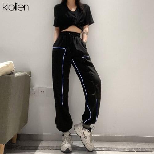 KLALIEN Fashion Casual Sport Street Women Trousers High Waist Drawstring Reflective Loose Solid Cotton Black Female Pant 2020
