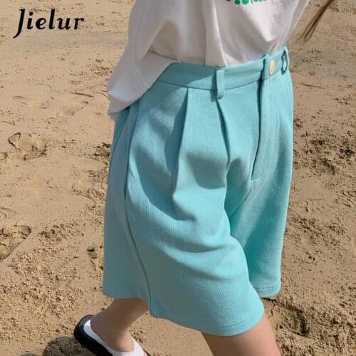 Jielur High Waist Slim Five-point Short Women Loose Casual Straight A-line Short Femme Blue Apricot Shorts for Women S-L Summer