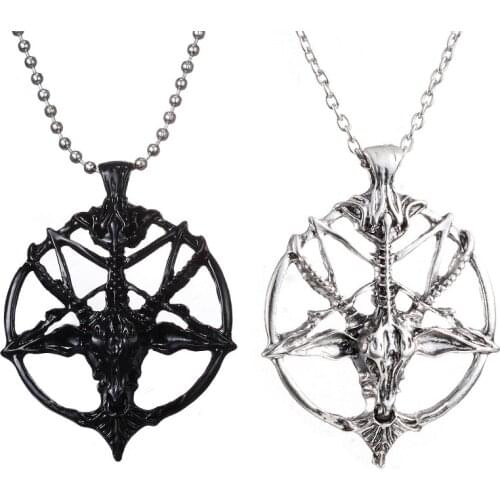 Fashion Retro Pentagram God Skull Goat Head Pendant Necklace Luck Satanism Occult Metal Vintage Silver Plated Star Necklace