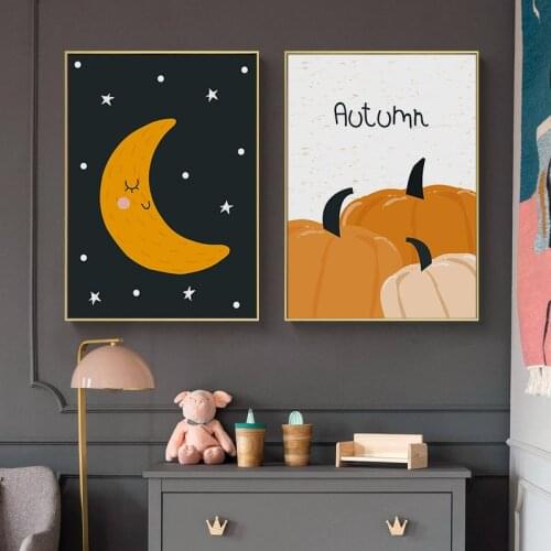 Cartoon Pumpkin Bird Moon Canvas Poster Nursery Wall Art Print Painting Nordic Picture Baby Children Kids Bedroom Decoration
