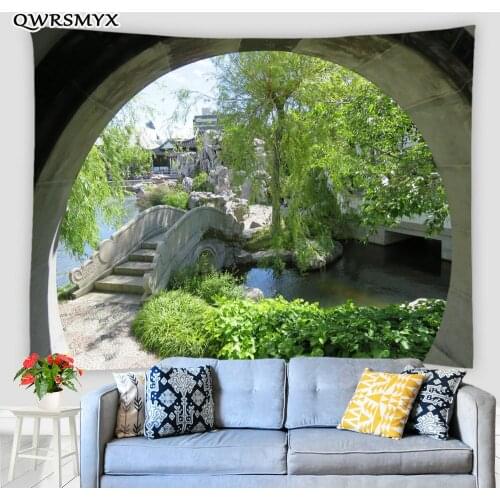 Arch Stone Bridge Green Forest Garden Scenery Tapestry Landscape Wall Hanging Living Room Bedroom Dorm Decor Wall Tapestries