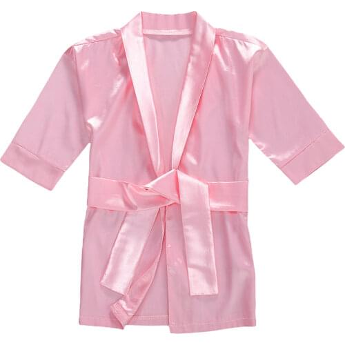 6M-6Y Girls Long Sleeve Nightgown Bathrobe Toddler Baby Kids Girls Solid Silk Satin Kimono Robes Sleepwear Clothes Pink Rose Red