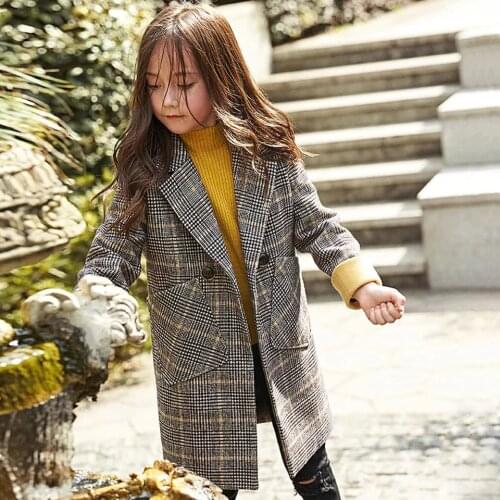 Winter Kids Girl Overcoat Fashion Wool Coat for Girls Teens Toddler Long Casual Warm Outerwear Children Plaid Woolen Coat