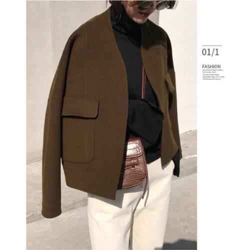 2021 Woolen Coats Double Pocket Cardigan Vintage Coat Autumn Winter Korea Fashion Women Loose Short Jacket Thicken Plaid