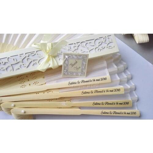 Personalized Luxurious Silk Fold Hand Fan In Elegant Laser-Cut Gift Box +Party Favors/wedding Gifts+printing 100pcs/lot