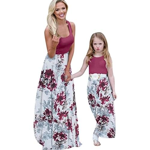 Family Matching Clothes Sleeveless Maxi Dresses Mother And Daughter Dresses Summer Casual Floral Family Outfits Matching Dress
