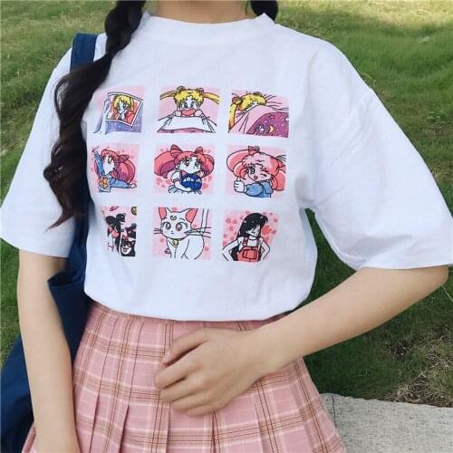 Casual Female Korean Harajuku Cartoon Tshirt Womens T-shirts Tops Japanese Kawaii Ladies Ulzzang Clothes For Women