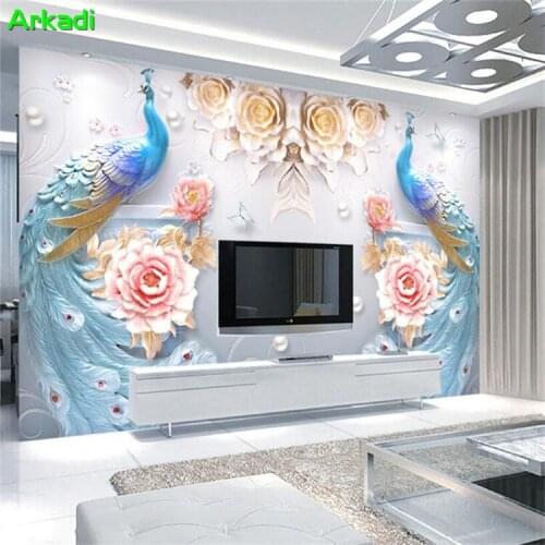 Three-dimensional 3D living room blossom rich wallpaper mural simple 5D embossed Peacock TV background wallpaper custom size