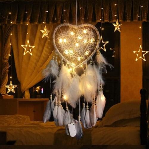 Heart Shaped Dream Catcher Boho Style Handmade LED Lamp Wall Hanging Romantic Braided Wind Chimes Art Home Decoration #D0